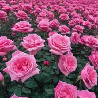 field of pink roses the size of trees in a forest