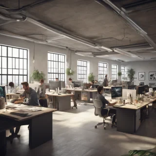 32k hd high quality photorealistic image of people working studio offic open floor plan