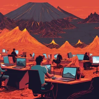lots of people working a laptops in a studio esk office lava feild on volcano