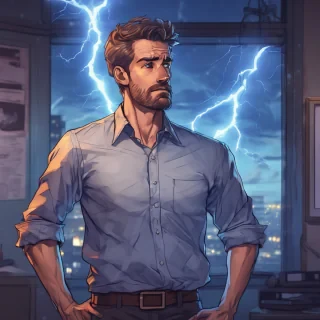 a man standing waist up wearing a office shirt looking amazed