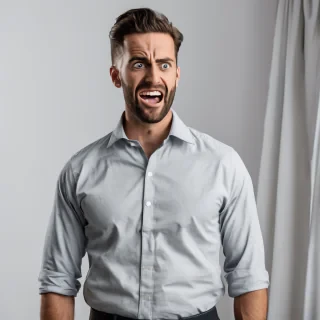 a man standing waist up wearing a office shirt looking amazed