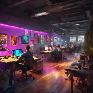32k hd high quality photorealistic image of people working studio offic open floor plan