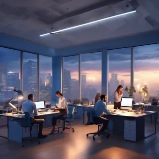 32k hd high quality photorealistic image of people working in a minimum office