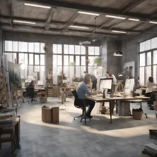 32k hd high quality photorealistic image of people working studio offic open floor plan