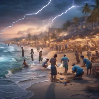 32k hd high quality photorealistic image of people working on a beach