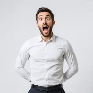 a man standing waist up wearing a office shirt looking amazed