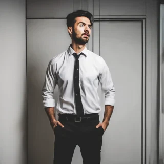 a man standing waist up wearing a office shirt looking amazed