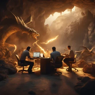 32k hd high quality photorealisticn image of people working in a office in a cave while fighting dragons