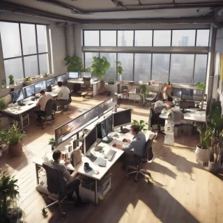 32k hd high quality photorealistic image of people working studio offic open floor plan