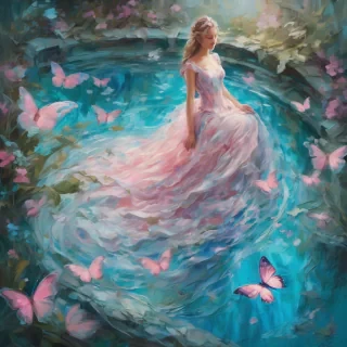 A mesmerizing impasto oil painting viewed from above, featuring a graceful princess in an enchanted palace garden. Her elegant gown, painted with thick, expressive brushstrokes, flows in layered swirls of aquamarine and soft blue, echoing the delicate ripples of a hidden royal pond. Delicate pink butterflies flutter around her, mirroring the pink petals of blooming roses scattered over a luminous mosaic walkway. Textured pebbles and intricate floral patterns form a magical tapestry beneath her, while the dynamic impasto technique adds depth and movement to the scene, encapsulating the warmth, regal elegance, and whimsical charm of a fairy-tale realm.