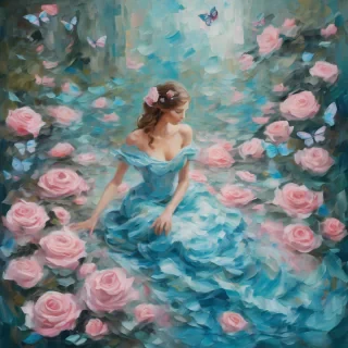 A mesmerizing impasto oil painting viewed from above, featuring a graceful princess in an enchanted palace garden. Her elegant gown, painted with thick, expressive brushstrokes, flows in layered swirls of aquamarine and soft blue, echoing the delicate ripples of a hidden royal pond. Delicate pink butterflies flutter around her, mirroring the pink petals of blooming roses scattered over a luminous mosaic walkway. Textured pebbles and intricate floral patterns form a magical tapestry beneath her, while the dynamic impasto technique adds depth and movement to the scene, encapsulating the warmth, regal elegance, and whimsical charm of a fairy-tale realm.