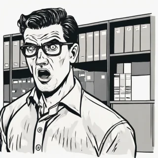 a man standing waist up wearing a office shirt looking amazed