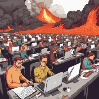 lots of people working a laptops in a studio esk office lava feild on volcano