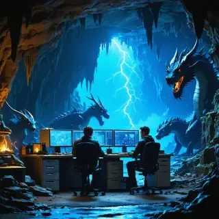32k hd high quality photorealisticn image of people working in a office in a cave with dragons