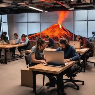 people working a laptops in a studio esk office lava feild on volcano