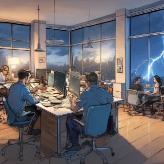 32k hd high quality photorealistic image of people working studio offic open floor plan