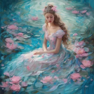 A mesmerizing impasto oil painting viewed from above, featuring a graceful princess in an enchanted palace garden. Her elegant gown, painted with thick, expressive brushstrokes, flows in layered swirls of aquamarine and soft blue, echoing the delicate ripples of a hidden royal pond. Delicate pink butterflies flutter around her, mirroring the pink petals of blooming roses scattered over a luminous mosaic walkway. Textured pebbles and intricate floral patterns form a magical tapestry beneath her, while the dynamic impasto technique adds depth and movement to the scene, encapsulating the warmth, regal elegance, and whimsical charm of a fairy-tale realm.