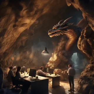 32k hd high quality photorealisticn image of people working in a office in a cave with dragons