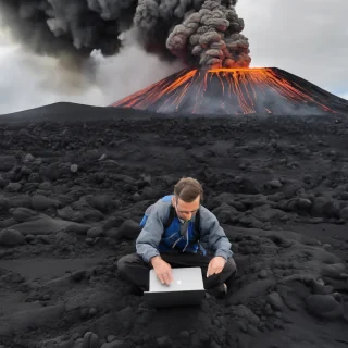 people working a laptop on volcano