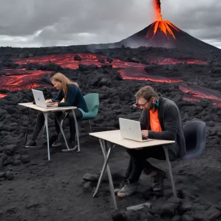 people working a laptops in a studio esk office lava feild on volcano