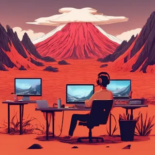 people working a laptops in a studio esk office lava feild on volcano