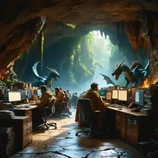 32k hd high quality photorealisticn image of people working in a office in a cave with dragons