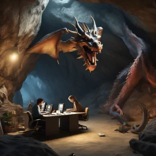 32k hd high quality photorealisticn image of people working in a office in a cave with dragons