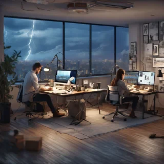 32k hd high quality photorealistic image of people working studio offic open floor plan