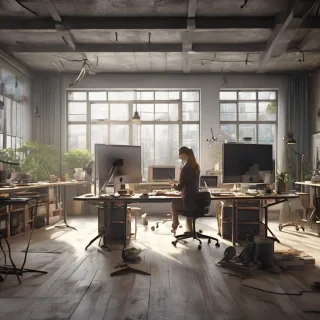 32k hd high quality photorealistic image of people working studio offic open floor plan