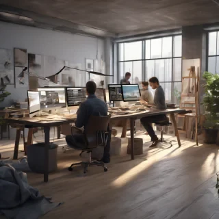 32k hd high quality photorealistic image of people working studio offic open floor plan