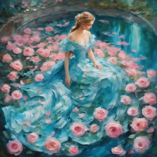 A mesmerizing impasto oil painting viewed from above, featuring a graceful princess in an enchanted palace garden. Her elegant gown, painted with thick, expressive brushstrokes, flows in layered swirls of aquamarine and soft blue, echoing the delicate ripples of a hidden royal pond. Delicate pink butterflies flutter around her, mirroring the pink petals of blooming roses scattered over a luminous mosaic walkway. Textured pebbles and intricate floral patterns form a magical tapestry beneath her, while the dynamic impasto technique adds depth and movement to the scene, encapsulating the warmth, regal elegance, and whimsical charm of a fairy-tale realm.