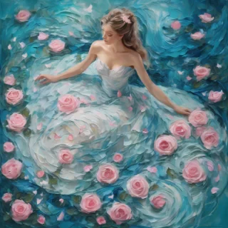 A mesmerizing impasto oil painting viewed from above, featuring a graceful princess in an enchanted palace garden. Her elegant gown, painted with thick, expressive brushstrokes, flows in layered swirls of aquamarine and soft blue, echoing the delicate ripples of a hidden royal pond. Delicate pink butterflies flutter around her, mirroring the pink petals of blooming roses scattered over a luminous mosaic walkway. Textured pebbles and intricate floral patterns form a magical tapestry beneath her, while the dynamic impasto technique adds depth and movement to the scene, encapsulating the warmth, regal elegance, and whimsical charm of a fairy-tale realm.