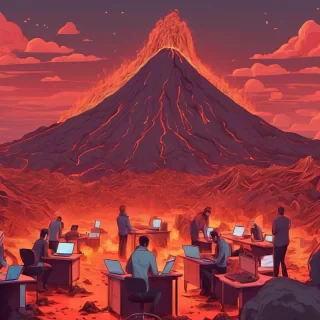 lots of people working a laptops in a studio esk office lava feild on volcano