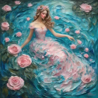 A mesmerizing impasto oil painting viewed from above, featuring a graceful princess in an enchanted palace garden. Her elegant gown, painted with thick, expressive brushstrokes, flows in layered swirls of aquamarine and soft blue, echoing the delicate ripples of a hidden royal pond. Delicate pink butterflies flutter around her, mirroring the pink petals of blooming roses scattered over a luminous mosaic walkway. Textured pebbles and intricate floral patterns form a magical tapestry beneath her, while the dynamic impasto technique adds depth and movement to the scene, encapsulating the warmth, regal elegance, and whimsical charm of a fairy-tale realm.