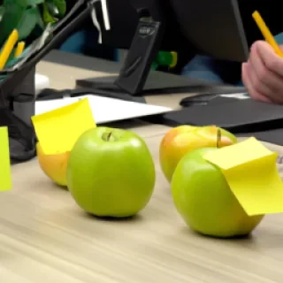 16k hd high quality photo realistic apples working in a office with people working