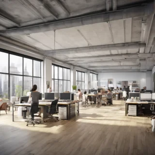 32k hd high quality photorealistic image of people working studio offic open floor plan