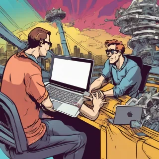 people working a laptop on a rollercoster