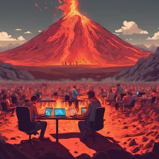 lots of people working a laptops in a studio esk office lava feild on volcano