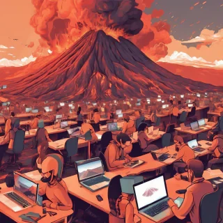 lots of people working a laptops in a studio esk office lava feild on volcano