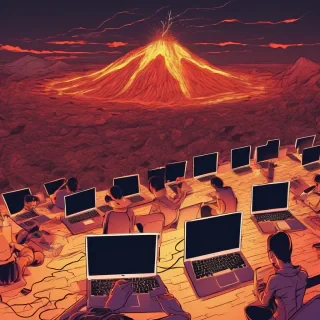 lots of people working a laptops in a studio esk office lava feild on volcano