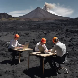 people working a laptops in a studio esk office lava feild on volcano