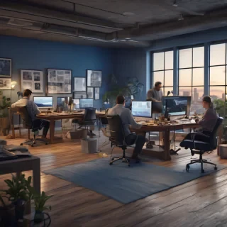 32k hd high quality photorealistic image of people working studio offic open floor plan