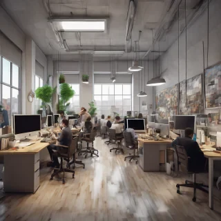 32k hd high quality photorealistic image of people working studio offic open floor plan