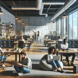 32k hd high quality photorealistic image of people working studio offic open floor plan