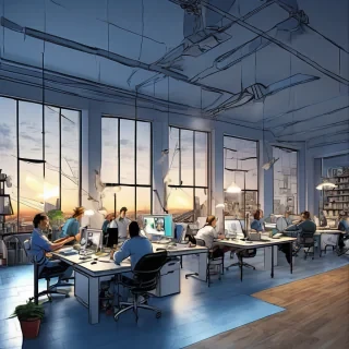 32k hd high quality photorealistic image of people working studio offic open floor plan