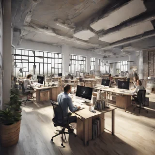 32k hd high quality photorealistic image of people working studio offic open floor plan