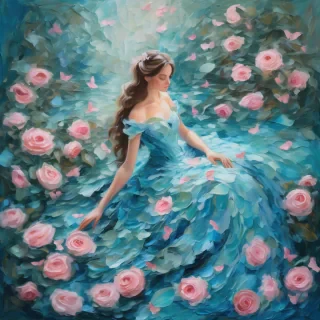 A mesmerizing impasto oil painting viewed from above, featuring a graceful princess in an enchanted palace garden. Her elegant gown, painted with thick, expressive brushstrokes, flows in layered swirls of aquamarine and soft blue, echoing the delicate ripples of a hidden royal pond. Delicate pink butterflies flutter around her, mirroring the pink petals of blooming roses scattered over a luminous mosaic walkway. Textured pebbles and intricate floral patterns form a magical tapestry beneath her, while the dynamic impasto technique adds depth and movement to the scene, encapsulating the warmth, regal elegance, and whimsical charm of a fairy-tale realm.