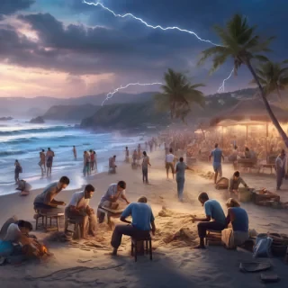 32k hd high quality photorealistic image of people working on a beach
