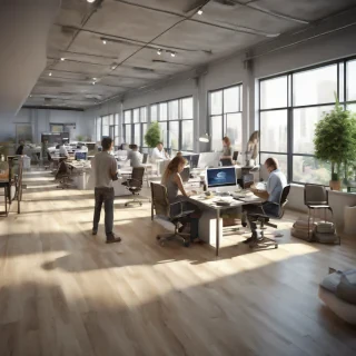 32k hd high quality photorealistic image of people working studio offic open floor plan