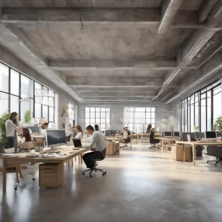 32k hd high quality photorealistic image of people working studio offic open floor plan